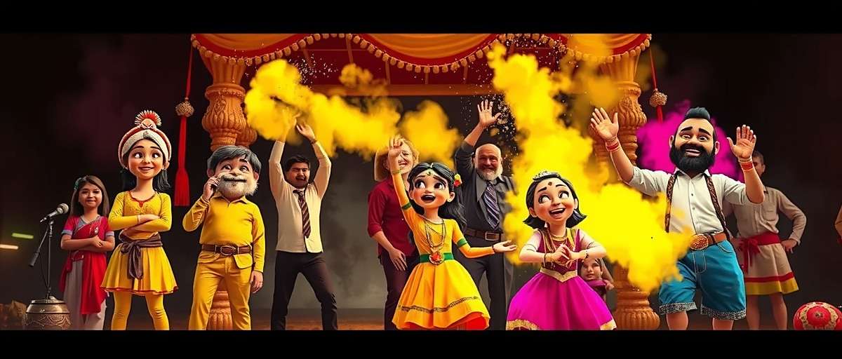 Miyapur Magic Holi Celebration Miyapur Magic Holi event showing characters celebrating with colorful powder and traditional music