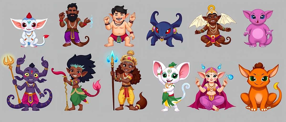 Miyapur Magic Mythological Characters Miyapur Magic character designs featuring various Indian mythological figures and creatures