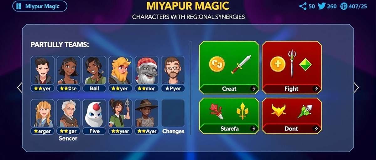 Miyapur Magic Character Building Miyapur Magic character selection screen showing optimal team combinations with regional synergies